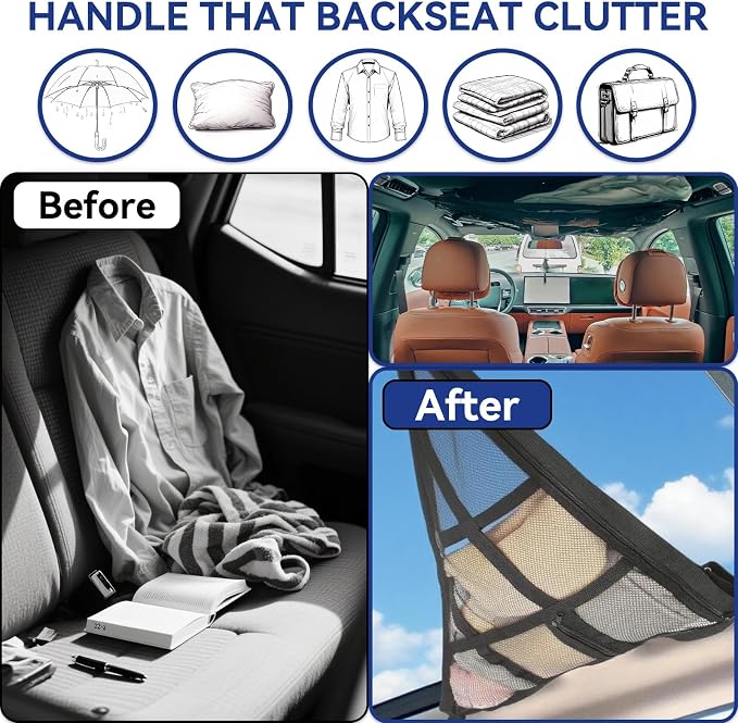 31.5"x20.9" Car Ceiling Cargo Net Fit Cars with 3 Handles | Double Layer Roof Storage Organizer | SUV Minivan Truck | Travel Road Trips Car Camping Accessories