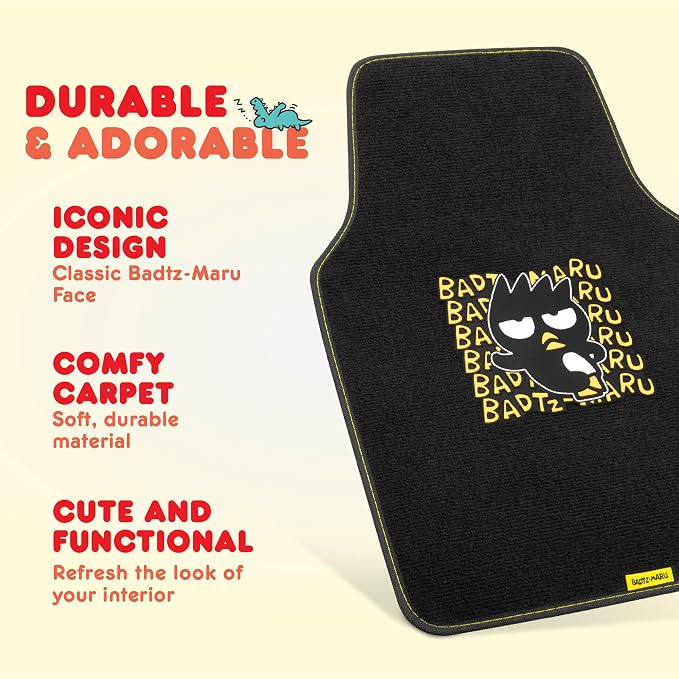 Badtz-Maru Carpet Car Floor Mats - Universal Fit for Cars, SUVs & Trucks - Black Hello Kitty Print Bad Badtz-Maru Accessories - Front & Rear Set, 4 Piece Cute Car Accessories