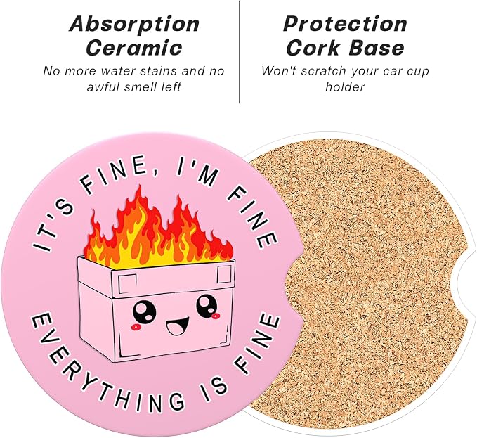 Aiawoxc Car Cup Holder Coasters, 2 Pack Universal Auto Anti Slip Insert Coaster with A Finger Notch, Cup Mat for Most Car Interior, Pink Cute Dumpster