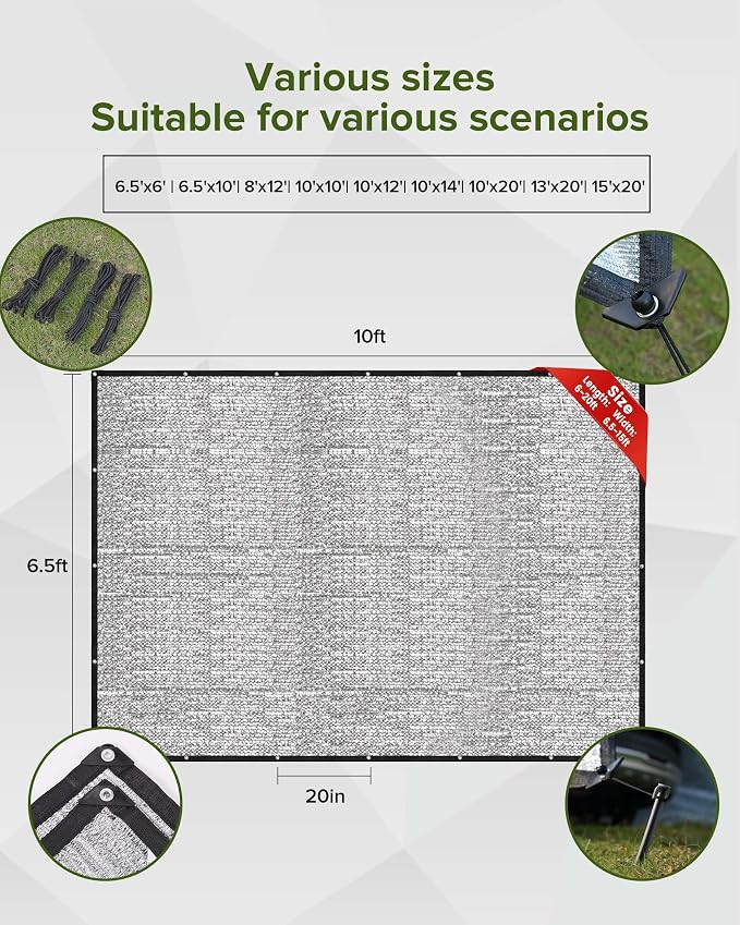 FoundGo 85% Aluminum Shade Cloth, 10'x12'Car/Dog Sun Reflective Aluminet tarp,Silver Reflective Sun Shade Net Cover with Grommets,Breathable,Sun/UV/Heat Blocking for Camping,RVs,with Accessories