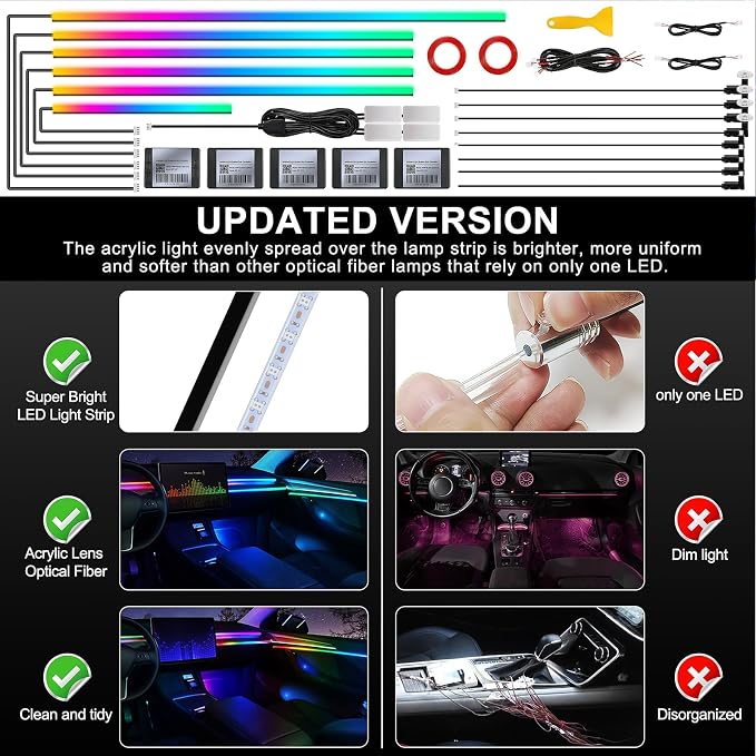 Dreamcolor Acrylic Interior Car LED Strip Light with Wireless APP, RGB 18 in 1 with 175 inches 593 LEDs Fiber Optic Strip Lights for Car, Dynamic Chasing Music Sync Neon Car Ambient Lighting Kits