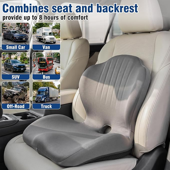 Car Seat Cushion with Lumbar Support Pillow, Memory Foam Office Chair Cushion for Back Pain Sciatica Pain Relief, Ergonomic L-Shaped Seat Cushion for Car Truck Driving Office Chair Home (Gray)