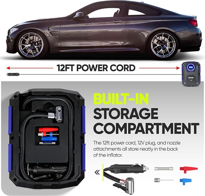 FORTEM Tire Inflator Portable Air Compressor, Air Pump for Car Tires and Bikes, Car Tire Pump w/Auto Shut Off, 150 PSI, 12V DC, LED Light, Carrying Case, Perfect For Men, Women