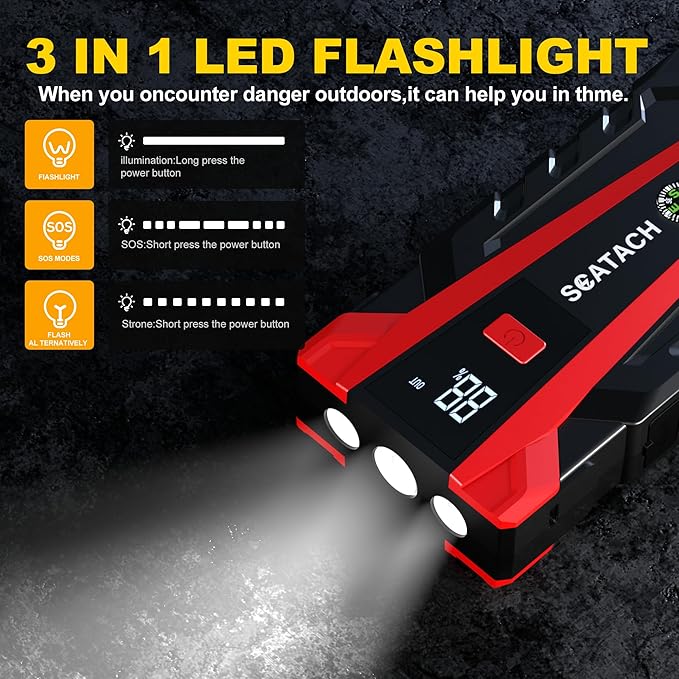 Scatach 3000A Car Battery Jump Starter,12V Jump Starter Battery Pack Portable (up to 9.0L Gasoline and 7.0L Diesel Engine), Jump Box with 3 Modes Flashlight and Jumper Cables