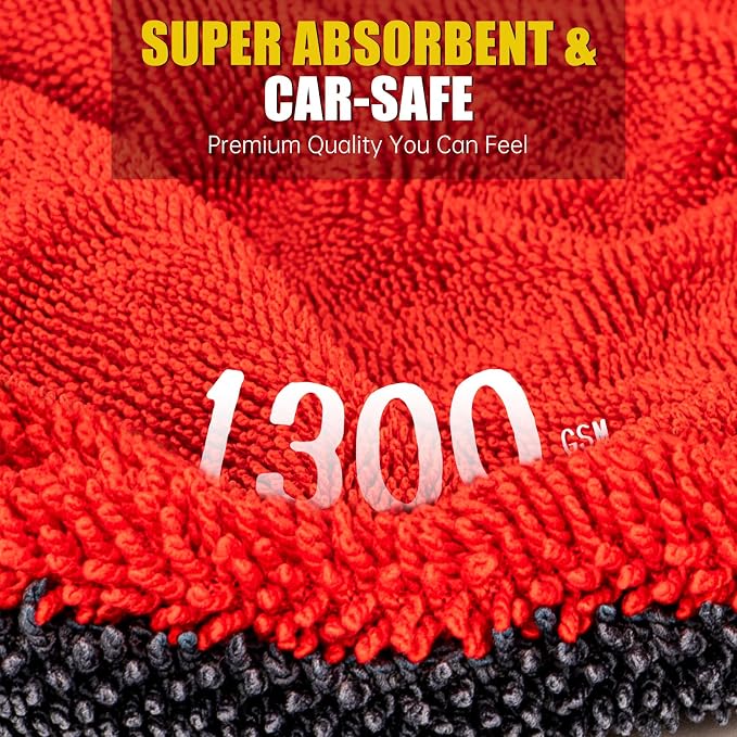 ThinkLearn Car Drying Towel 59"x24" 1300 GSM Ultra Absorbent Microfiber 3PC | Twisted-Loop, Extra Large, Lint Free Surface, Scratch & Streak-Free, Soft On Paint, Machine Washable, for Cars Trucks SUVs
