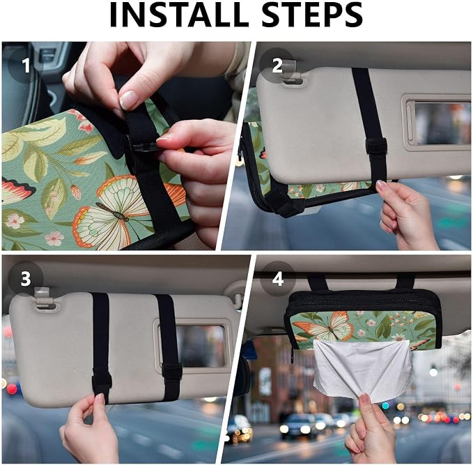 Car Visor Tissue Holder Mask Holder for Car, Car Tissue Box Sun Visor Napkin Holder Car Visor Accessories Adjustable Straps Reusable Durable Easy to Install Sage Green Butterfly Flowers