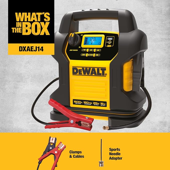 DEWALT Jump Starter DXAEJ14 1600 Amps with Compressor | Portable Power Station with 15W USB-A and 25W USB-C power