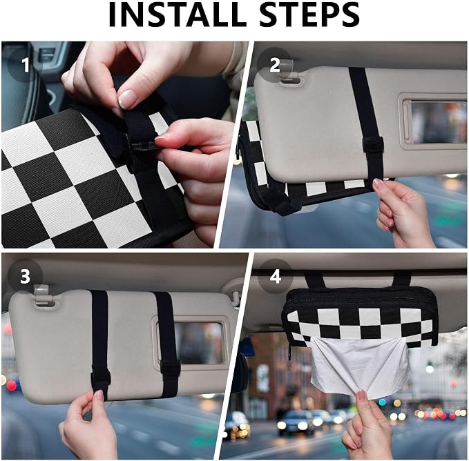 Car Tissue Holder Napkin Box Dispenser Storage Case Sun Visor Mask Holder With Adjustable Straps Reusable Refillable Checkered Black and White
