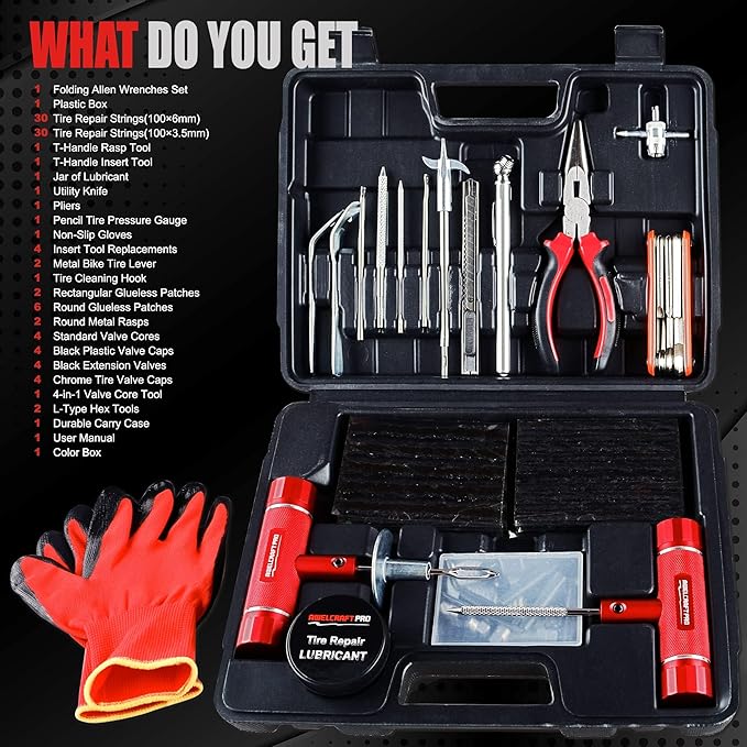 AWELCRAFT 108-Piece Heavy Duty Tire Repair Kit – Professional Flat Tire Plug Set with T-Handle Tools, 4-Way Valve Tool, Pliers, Storage Case