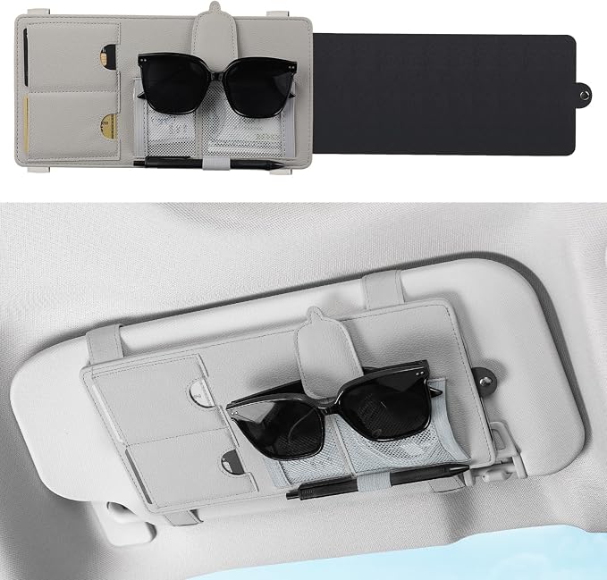 SEG Direct Car Sun Visor Extender Organizer Magnetic Sunglass Holder Gray | Sun Blocker, Sunglass Hanger Clip, Ticket Card Organization Pouches, for Car Truck SUV