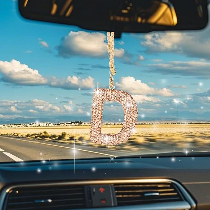 Bling Car Accessories for Women Letter Charm, Rainbow Crystal Rearview Mirror Pendant, Cute Diamond Rhinestone Car Decor, Lucky Gift for Women(D, Champagne Gold)