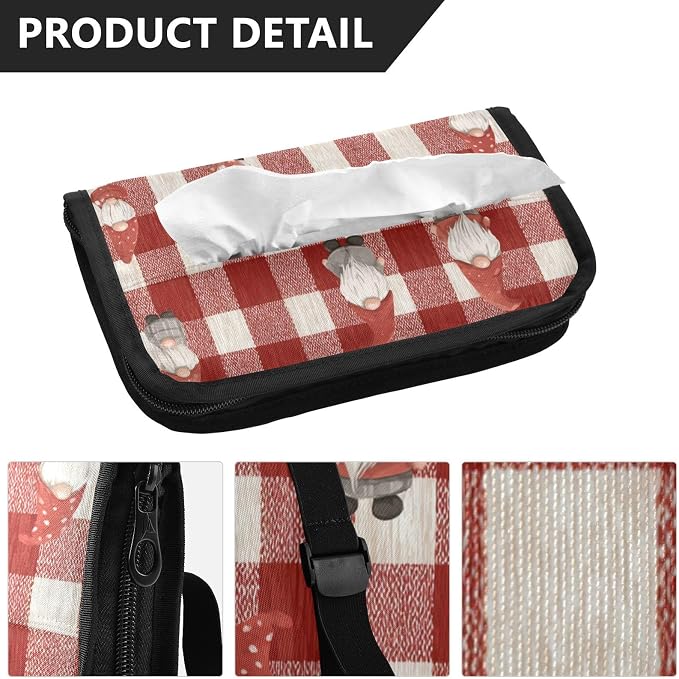 Car Visor Tissue Holder Mask Holder for Car, Car Tissue Box Sun Visor Napkin Holder Car Visor Accessories Adjustable Straps Reusable Durable Easy to Install Red Checkered Cute Gnome