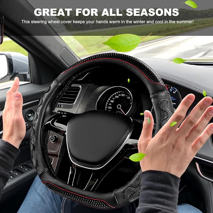 Car Steering Wheel Cover, Anti-Slip Breathable Steering Wheel Protector with 3D Honeycomb Design, Sporty Elastic Protective Cover for 14.5-15 Inch Flat Bottom Steering Wheels (Black)