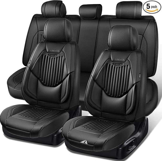 CAR PASS Luxury Nappa Leather Car Seat Covers Full Set, Lumbar Support Seat Covers for Car 5 Seats, Waterproof Car Seat Protector, Automotive Seat Covers Universal Fit for Most Sedans SUV Trucks Black