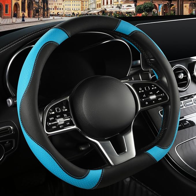 Black Blue Microfiber Leather D Shaped Steering Wheel Cover | Breathable Anti Slip Grip Cool Sporty Look Glow for Women Men