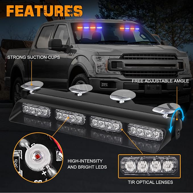 XRIDONSEN 2x 14 inch Amber Blue Emergency Dash Lights 32 LED Strobe Lights | Interior Safety Warning Hazard Caution Front/Rear Windshield Light Bar w/ Controller for Construction Vehicles Trucks Car