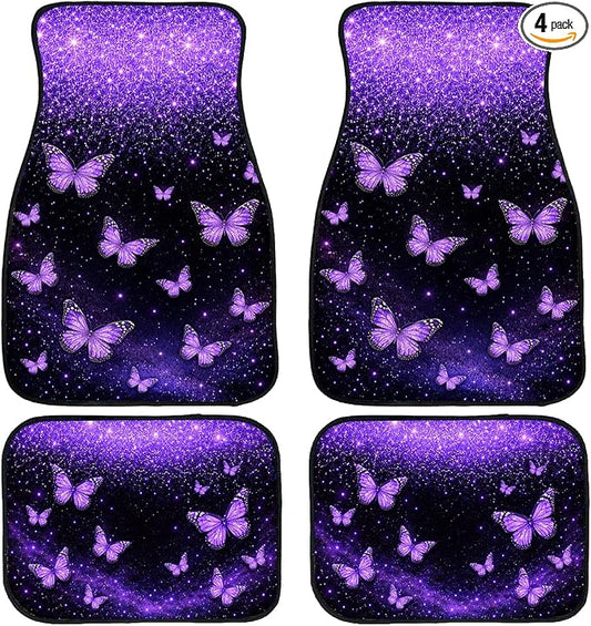 Butterfly Car Floor Mats Set of 4 Purple Glitter Galaxy Dream Carpet Front Rear Carpets Mat Decorative Car Floor Carpets Non-Slip Auto Car Accessories Universal Fit for Car SUV Truck Van