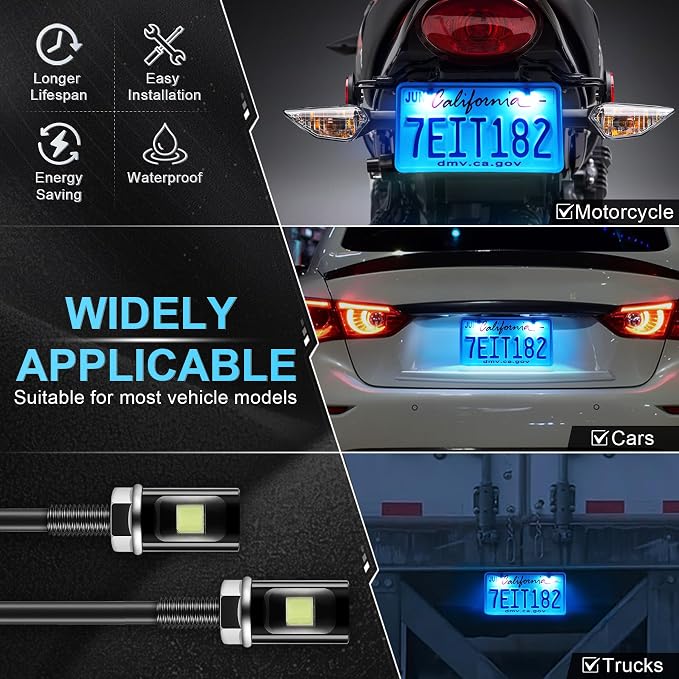 LivTee Super Bright License Plate Light, 12V License Tag Screw Bolt Accessories, Waterproof Black Aluminium Light Holder, Legal for Car Motorcycle Truck RV ATV Bike, Ice Blue(2PCS)
