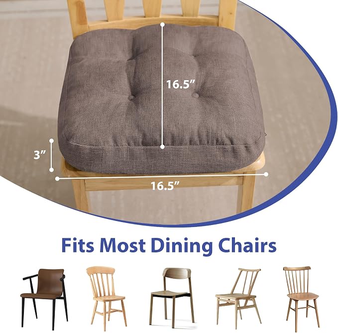 IASEAHK Chair Cushions for Dining Chairs, Dining Chair Cushions, Tufted Indoor Chair Pads with Ties & Non Slip Backing, Seat Cushions for Kitchen Chairs 16.5” x 16.5” x 3.5”, Set of 4, Light Brown