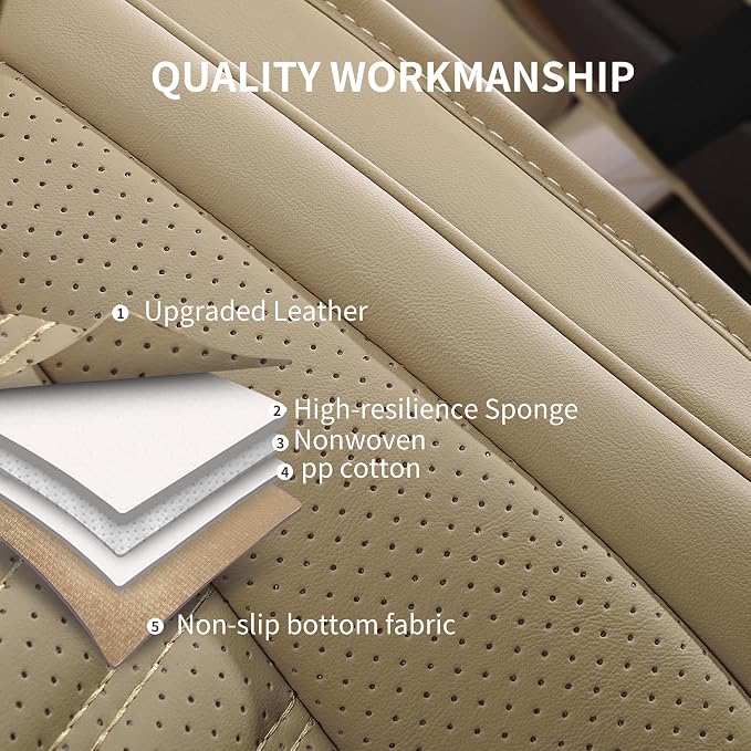 HChengkikz Nappa Leather Car Seat Covers Full Set, Beige Car seat Protector 5 Seats, Waterproof Car Seat Cushion, Universal Automotive Seat Covers Fit for SUV Truck Pick-up Sedan, Front and Rear | Easy Maintenance, Airbag Compatible, Universal Fit For ...