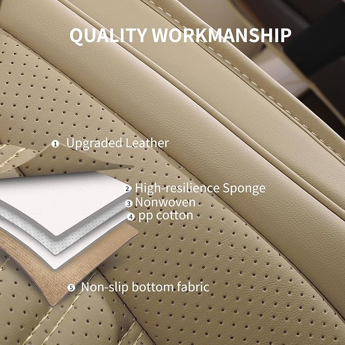 HChengkikz Nappa Leather Car Seat Covers Front Seats, Beige Car seat Protector, Waterproof Car Seat Cushion, Universal Automotive Seat Covers Fit for SUV Truck Pick-up Sedan and Most Cars | Easy Maintenance, Airbag Compatible, Universal Fit For Most SU...