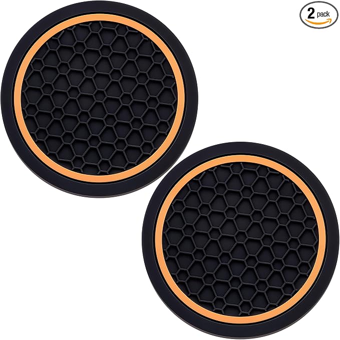 2-Piece Anti-Slip Car Cup Coaster Set – 2.75 Inch Auto Insert Drink Mats, Perfect for Coffee & Beverages – Stylish Interior Decor for Women & Girls (Black & Orange)