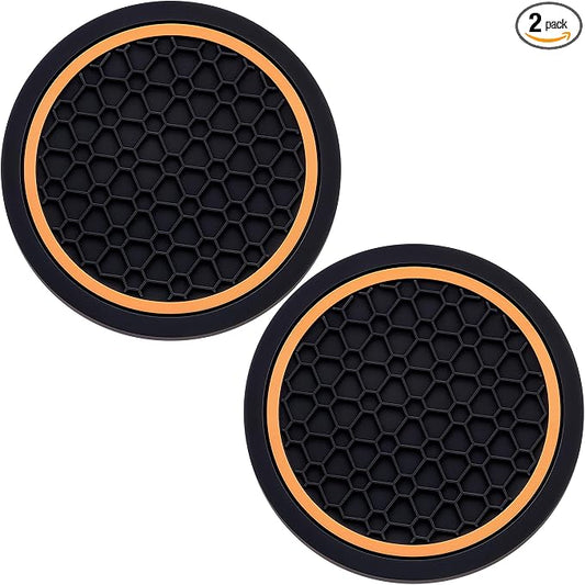 2-Piece Anti-Slip Car Cup Coaster Set – 2.75 Inch Auto Insert Drink Mats, Perfect for Coffee & Beverages – Stylish Interior Decor for Women & Girls (Black & Orange)