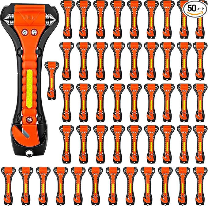 Safety Hammer, 50 Pack Car Emergency Escape Tool Car Window Breaker and Seat Belt Cutter with Light Reflective Tape for Family Car Life Saving Survival Kit