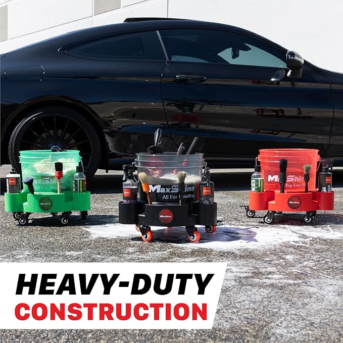 Maxshine Universal Rolling Bucket Dolly (Green) – Heavy-Duty, 5 Wheels with 2 Locks, Tool Organizer – 360° Mobility for Car Wash Supplies & Auto Detailing Organization