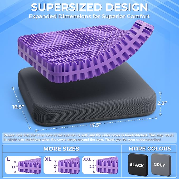 TushGuard Gel Seat Cushion for Long Sitting, Enlarged & Thickened Patent Design, Breathable Cooling Chair Pad for Office, Soft Car Seat Cushion for Wheelchair (2.2" Thick, Black)