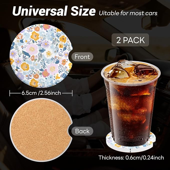 Car Cup Holder Ceramic Coasters 2 Pack, 2.56 in Anti Slip Absorbent Coaster with Cork Base and Finger Notch, Funny Cute Car Accessories Interior for Women, Garden