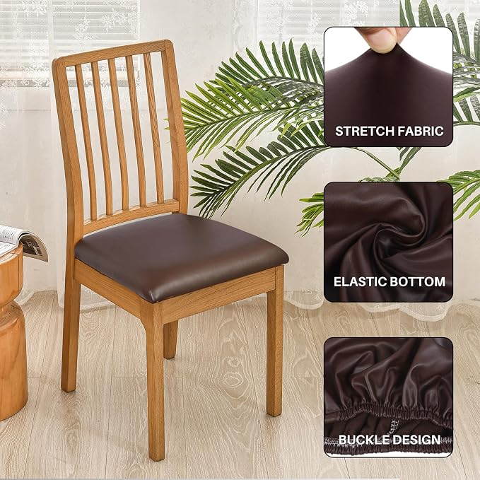 SearchI Waterproof PU Seat Covers for Dining Chairs, 6 Pack Stretch Faux Leather Chairs Covers, Kitchen Chair Cover Protectors (Brown)