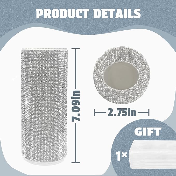 Bling Car Tissue Holder for Cup Holder – Sparkly Rhinestone Round Tissue Dispenser with 1 Pack Tissues – Fits Standard Auto Cup Holders – Stylish Car Interior Accessory for Women