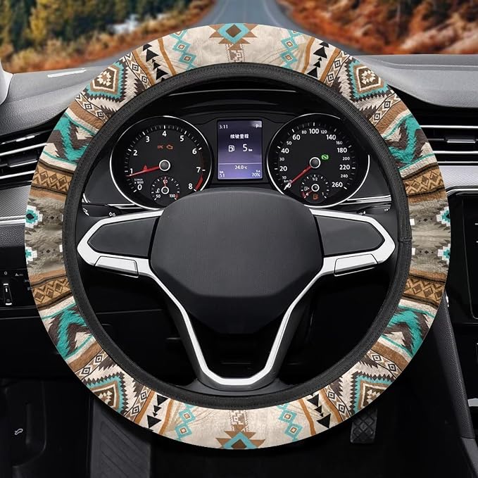 Wanyint Southwest Aztec Beige Blue Car Steering Wheel Cover Universal 15 Inch Auto Accessories Car Interior Decoration for Women Men Fit SUV Sedans Vans Trucks