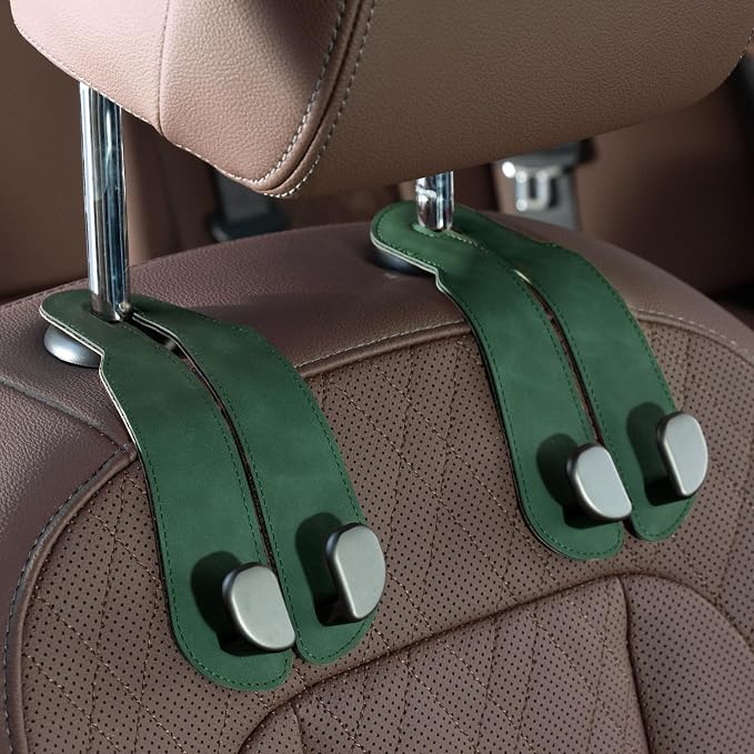 CoBak Purse Hook for Car - Universal Premium Stitched Leather and Aluminum-Magnesium Alloy Double Car Seat Back Storage Hook for Purses, Handbags, Bags (2 Pack),Emerald