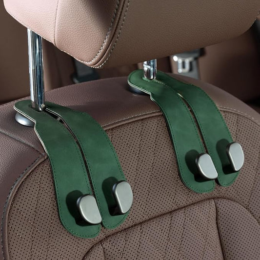 CoBak Purse Hook for Car - Universal Premium Stitched Leather and Aluminum-Magnesium Alloy Double Car Seat Back Storage Hook for Purses, Handbags, Bags (2 Pack),Emerald
