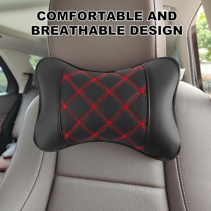 2 Pack Car Neck Pillow PU Leather Automotive Headrest Pillow for Car Support Neck Pain Relief Universal Car Pillow (Red Black)