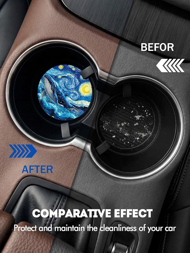 WOCOCN Car Coasters for Cup Holders - 2 Pack 2.75" Universal Rubber Car Cup Coaster, Non-Slip Waterproof Car Interior Accessories, Cute Car Decor Gifts for Women and Men (Starry Sky Whale)