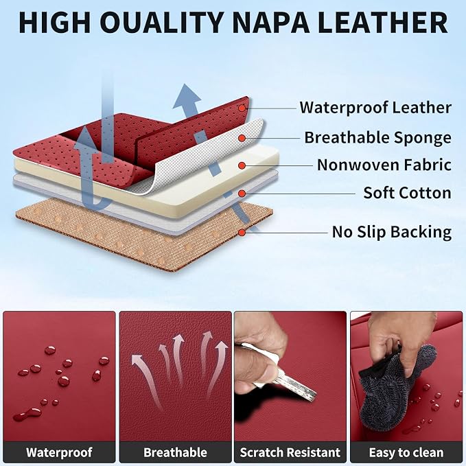 Car Seat Covers Full Set,5 Seat Leather Seat Covers for Cars,Front Seats and Back Seat Cover,Waterproof Car Seat Cushion Protectors,Universal Fit for Most Cars SUV Trucks(Black&Red, Full Set)