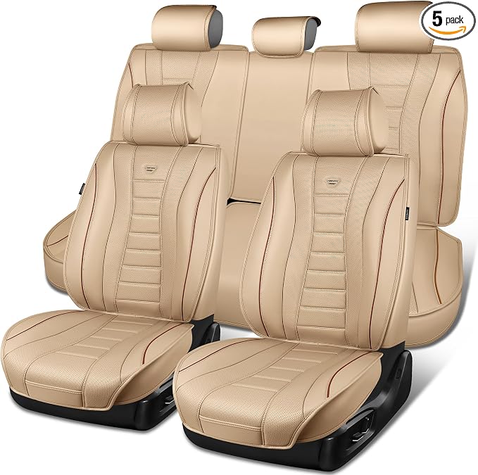 CAR PASS Nappa Leather Seat Covers, Universal FIT Piping Leather Car Seat Cover Full Set for Cars,SUV,Truck 3D Foam Waterproof Luxury Seat Covers 5 Seats, Comfort Durable Airbag Compatible Beige