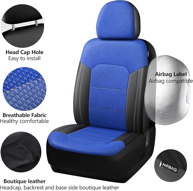 HChengkikz Car Seat Covers, Air Mesh, Breathable (Black + Blue) | Airbag Compatible, Automotive Comfort Protection, Universal Fit for Most Cars,Trucks,SUVs