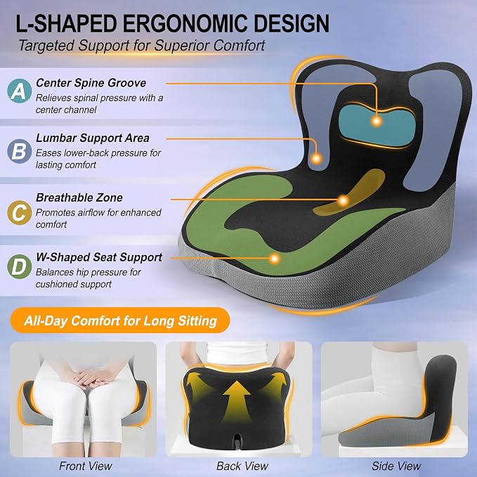 Allaboutsla Car Seat Cushion with Lumbar Support Pillow, Car Back Support | L-Shaped Ergonomic Memory Foam Seat Cushion, Car Seat Cushions for Driving, Driver Cushion and Back Support for Car, B&G