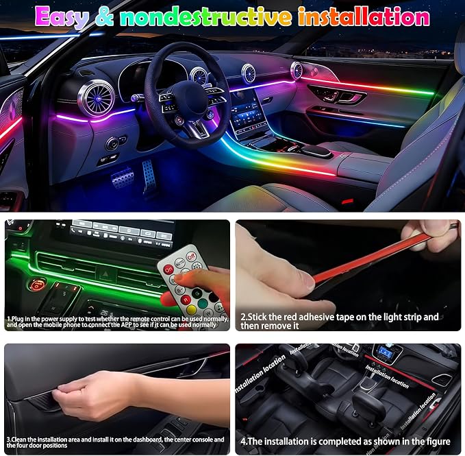 RGB-IC Car Led Strip Lights, Interior Car Lights, App and Remote Control Ambient Lighting Kit with 16 Million Colors Fiber Optics&Music Sync Rhythm, USB Neon Light Accessories for Center Console&Door