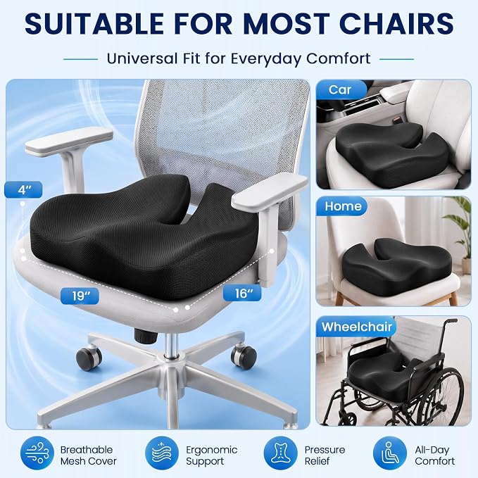 CJACSOC Seat Cushion, Extra Large Memory Foam Cushion for Office Chair Cushions, Ergonomic Cushions Pad Pillow for Pressure Relief Sciatica & Pain Relief for Long Sitting