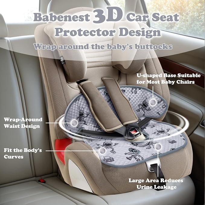 Babenest Car Seat Potty Protector Cover -Waterproof Carseat Training Liner for Baby &Toddler Shower Gift, Dry Piddle Pee Pad with Fun Designs for Strollers & Infant Car Seats (1pc Robot-Grey)
