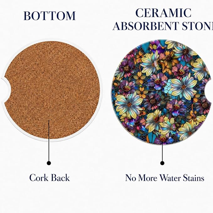 2Pack Car Cup Holder Coasters Absorbent Ceramic Coaster 2.56" for Women & Men Car Accessories Flower Purple