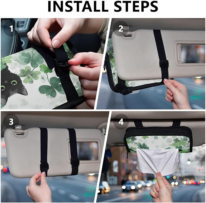 Watercolor Clovers Cat Car Tissue Holder Durable Napkin Holder Hanging Tissue Holders Case Car Tissues Bag for Sun Visor Seat Back Universal Auto