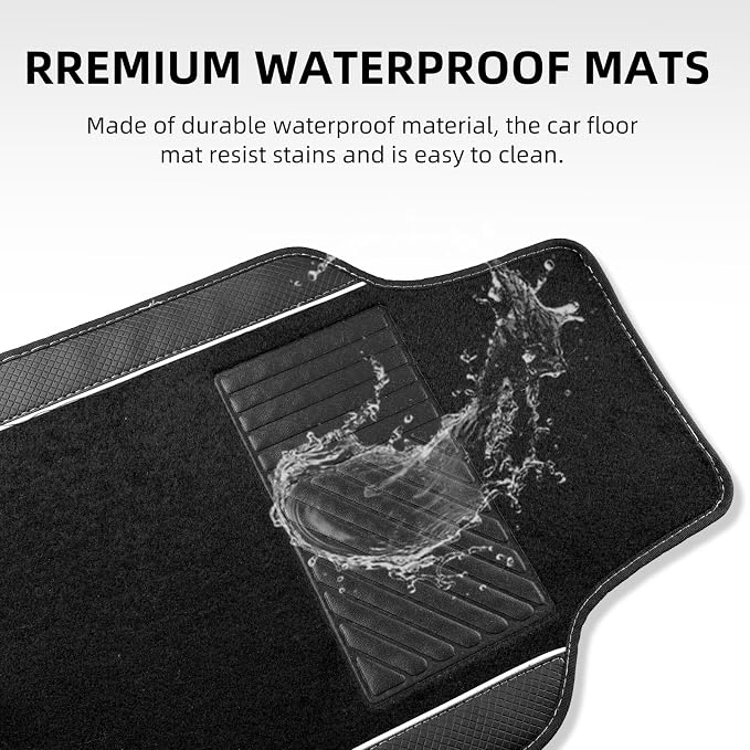 NBTEPEM Waterproof Universal Fit Car Floor Mats, Faux Leather Sporty Car Carpet Mats with Anti-Slip Nibbs Backing & Driver Heel Pad Fit for SUV, Vans, Sedans, Trucks, Set of 4 (Black with White line)