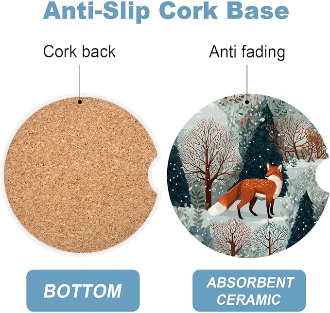 Car Cup Holder Coaster Set of 2, 2.56 in Ceramic Coasters, Scratch-Resistant Cork Backing, Finger Groove Design for Easy Placement, Cute Car Accessories Interior for Women (Snow Fox)