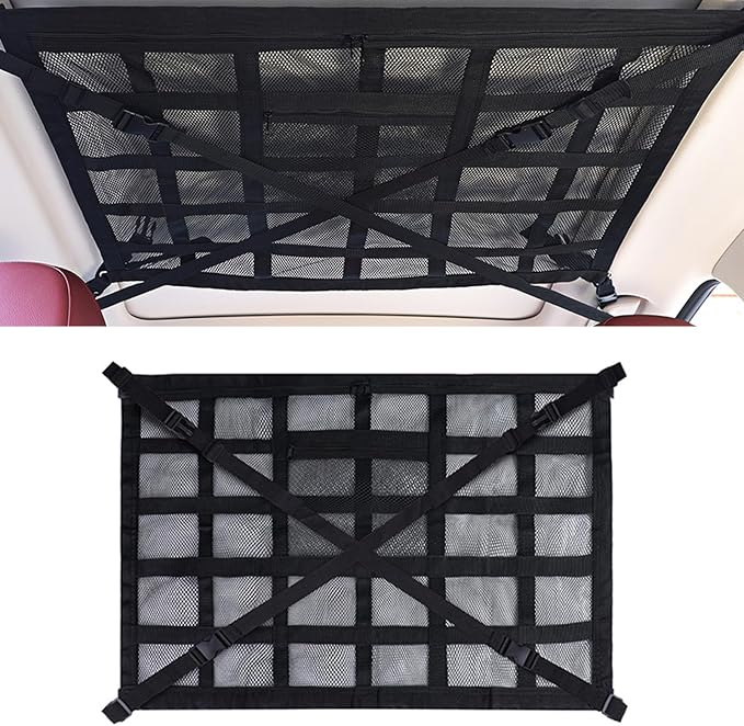 Upgrade Car Ceiling Cargo Net Pocket, 31.5" x 20.9" Double-Layer Mesh Car Roof Storage Organizer, Universal Auto Accessories with Adjustable D-Buckle for SUVs, Road Trips, Camping Essentials